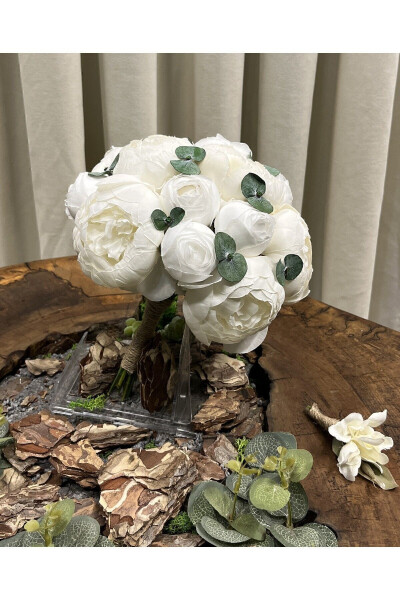 Eucalyptus White Peony Bridal Bouquet - Groom's Boutonniere - Bridal Flower - PIKA