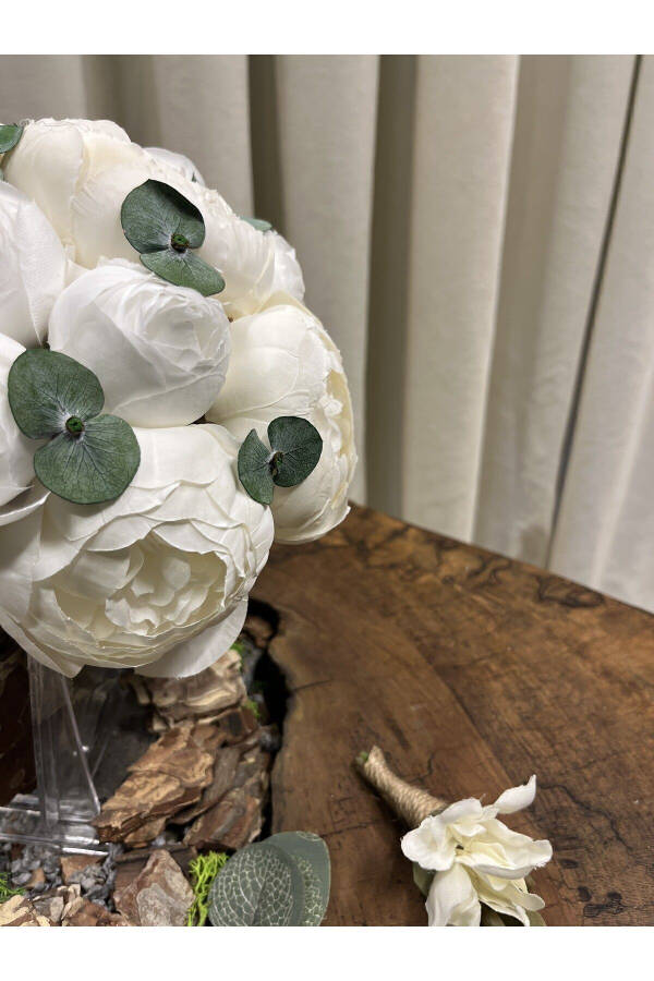 Eucalyptus White Peony Bridal Bouquet - Groom's Boutonniere - Bridal Flower - 17