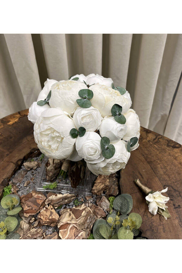 Eucalyptus White Peony Bridal Bouquet - Groom's Boutonniere - Bridal Flower - 18