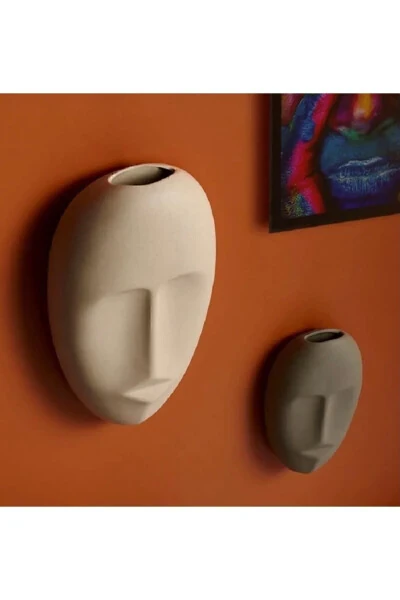 Ev Dekor Dekoratif Ikili Duvar Vazosu Iskandinav Duvar Dekoru Mask Antrasit Bej Heykel Aksesuar - KAKTÜSBUTIK (1)
