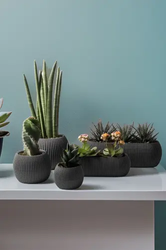 Ev Dekorasyonu Karasu Dekoratif Ve Modern Mercan Saksı Seti 5 Parça-ANTRASİT 