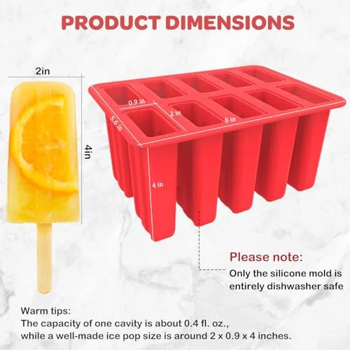 Miaowoof Homemade Popsicle Molds, 10-Cav Non-BPA Silicone Ice Pop Maker, with 50 Sticks, 50 Bags, 10 Reusable Sticks, Funnel, Brush and Ice Pop Recipe (Red) - 3