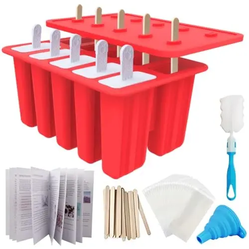 Miaowoof Homemade Popsicle Molds, 10-Cav Non-BPA Silicone Ice Pop Maker, with 50 Sticks, 50 Bags, 10 Reusable Sticks, Funnel, Brush and Ice Pop Recipe (Red) - 5
