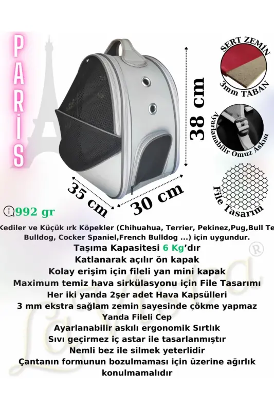 Evcil Hayvan Fileli Sırt Taşıma Çantası Paris Siyah-Siyah - 2