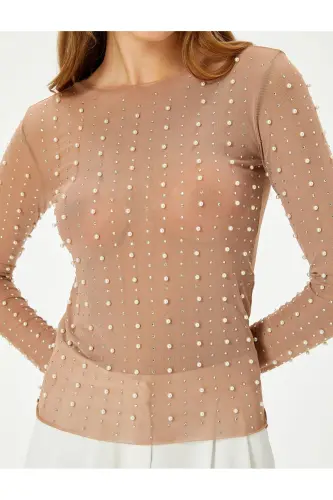 Evening Blouse with Stone and Pearl Detail, Long Sleeved, Crew Neck - 5