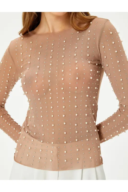 Evening Blouse with Stone and Pearl Detail, Long Sleeved, Crew Neck - 5