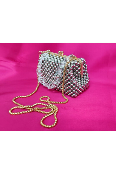 Evening, Bridal, Night, Daily Silver Metal Beaded Bag - 1