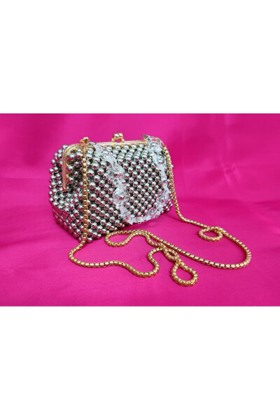 Evening, Bridal, Night, Daily Silver Metal Beaded Bag - 4