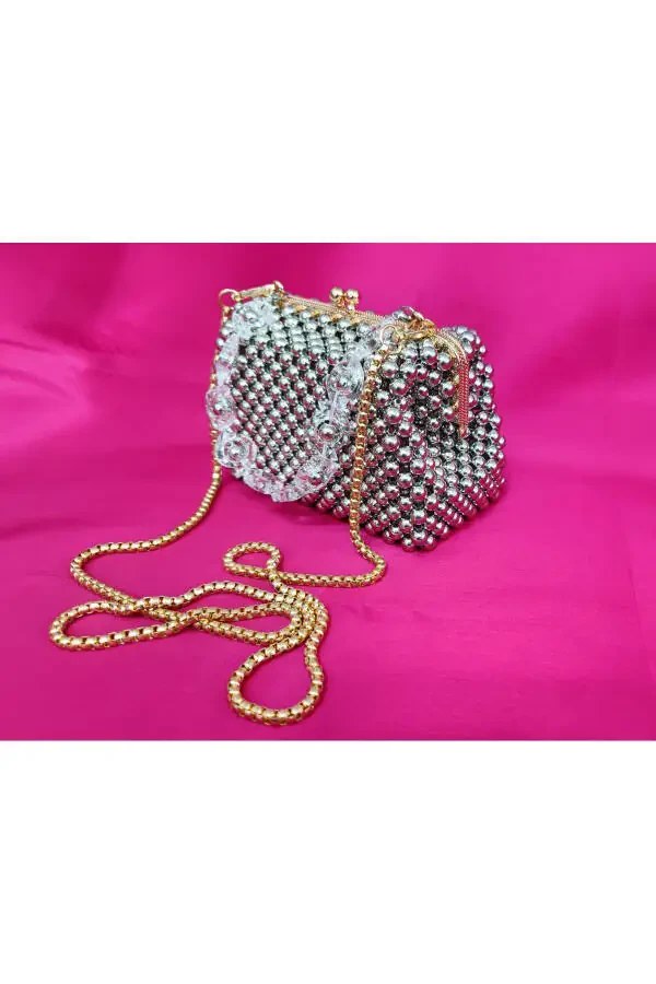 Evening, Bridal, Night, Daily Silver Metal Beaded Bag - 1