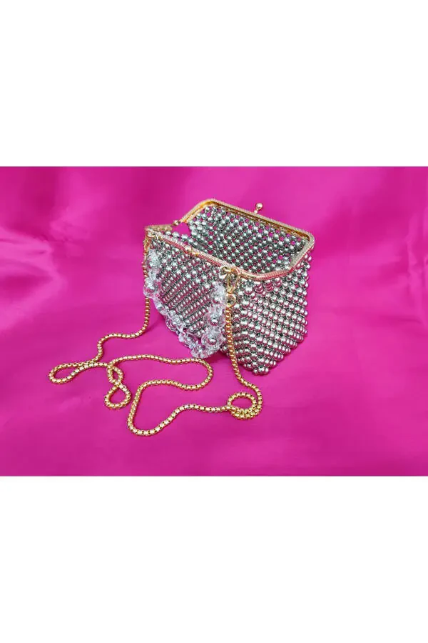 Evening, Bridal, Night, Daily Silver Metal Beaded Bag - 5