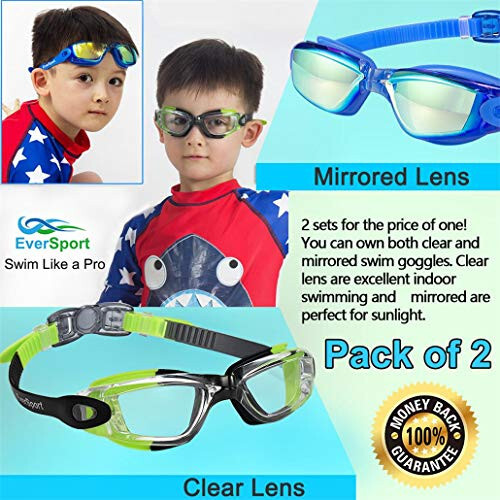 EverSport Kids Swim Goggles, Pack of 2 Swimming Goggles for Children Teens, Anti-Fog Anti-UV Youth Swim Glasses for Age4-16 - 84