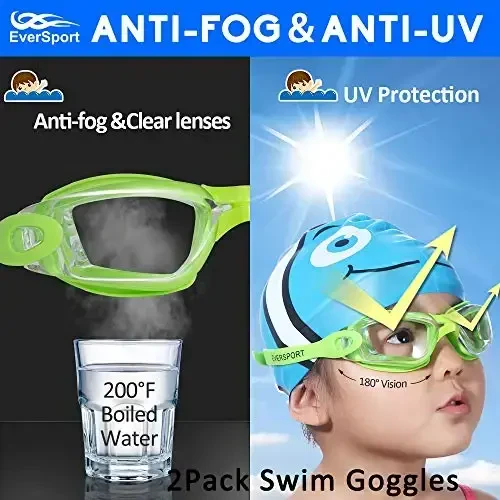 EverSport Kids Swim Goggles, Pack of 2 Swimming Goggles for Children Teens, Anti-Fog Anti-UV Youth Swim Glasses for Age4-16 - 2