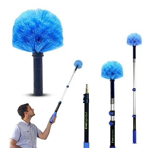 EVERSPROUT 1.5-to-3 Foot Cobweb Duster and Extension-Pole Combo (8-10 Ft Standing Reach, Medium-Stiff Bristles) | Lightweight 3-Stage Aluminum Pole | Hand-Packaged Indoor/Outdoor Use Brush Attachment - Modazone