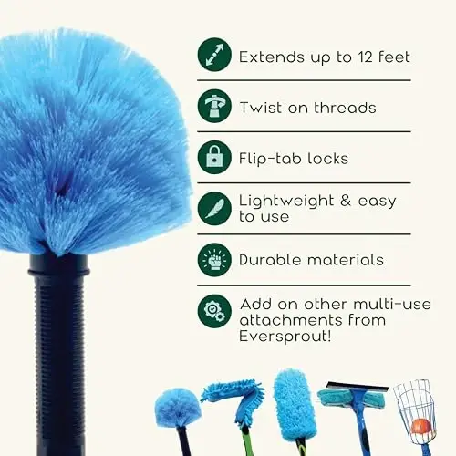 EVERSPROUT 5-to-12 Foot Cobweb Duster & Pole Combo, Extendable to 20 Ft | For High Ceilings and Spider Webs, Vents, Wall Edges, Baseboards and More, Soft Bristles, Adjustable Pole - EVERSPROUT (1)