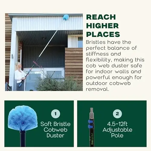 EVERSPROUT 5-to-12 Foot Cobweb Duster & Pole Combo, Extendable to 20 Ft | For High Ceilings and Spider Webs, Vents, Wall Edges, Baseboards and More, Soft Bristles, Adjustable Pole - 3