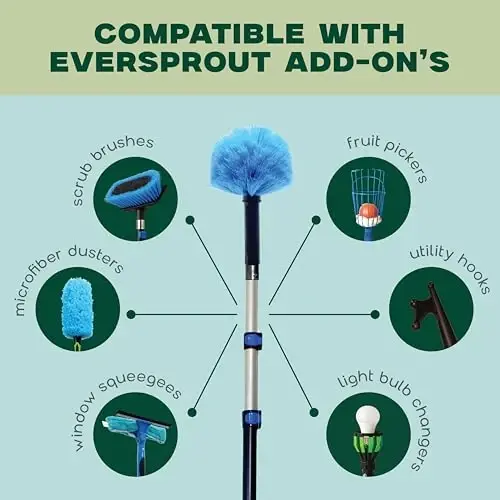 EVERSPROUT 5-to-12 Foot Cobweb Duster & Pole Combo, Extendable to 20 Ft | For High Ceilings and Spider Webs, Vents, Wall Edges, Baseboards and More, Soft Bristles, Adjustable Pole - 5