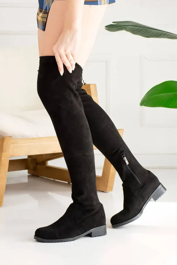 Everyday black women's knee-high suede boots with stretch socks, zipper and low heel. - 3