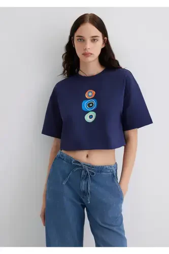 Evil Eye Bead Printed Navy Blue T-Shirt Crop / Short - 1