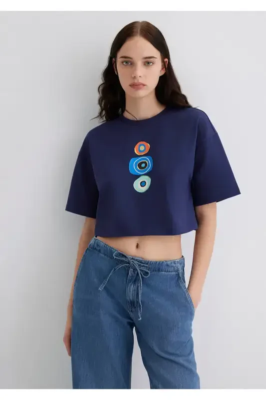 Evil Eye Bead Printed Navy Blue T-Shirt Crop / Short - MAVI