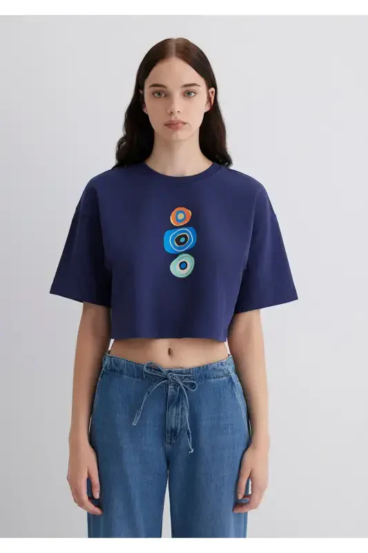 Evil Eye Bead Printed Navy Blue T-Shirt Crop / Short - 9