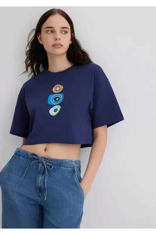 Evil Eye Bead Printed Navy Blue T-Shirt Crop / Short - 2