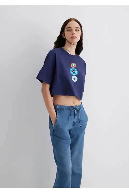 Evil Eye Bead Printed Navy Blue T-Shirt Crop / Short - 3