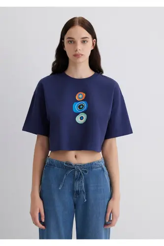 Evil Eye Bead Printed Navy Blue T-Shirt Crop / Short - 4
