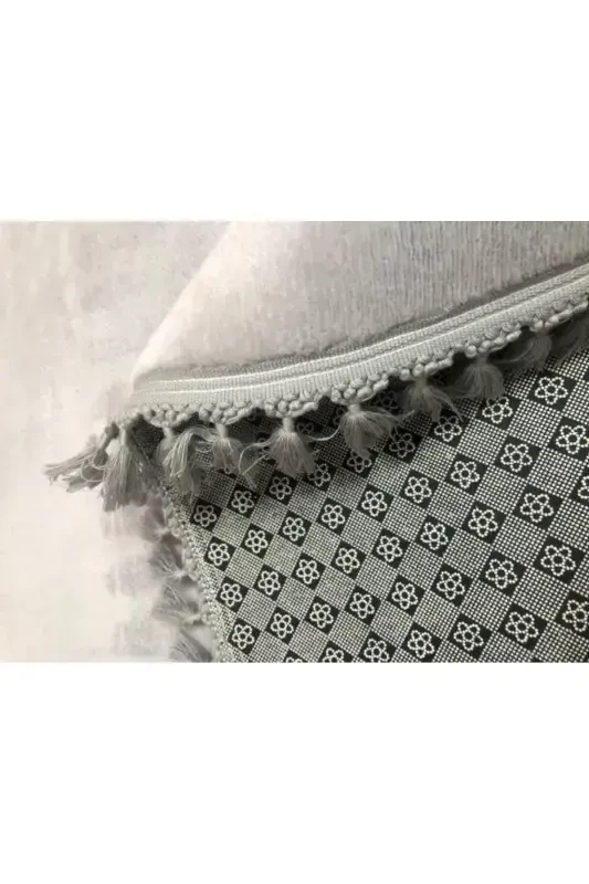 My Evilla Modern Simirna Dekoratif Peluş Oval Ponpon Saçaklı Klozet Takımı-Açık Gri - 3