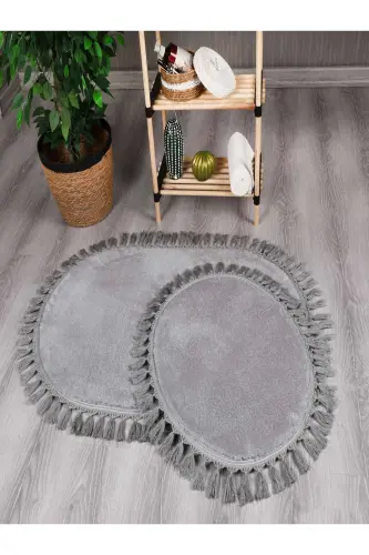 Evilla Modern Smyrna Dekoratif Peluş Oval Ponpon Saçaklı Klozet Takımı 