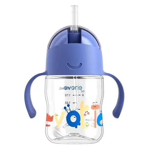 Evorie Tritan Weighted Straw Sippy Cup with Handles for Baby and Toddlers, Spill Proof Baby Water Bottle with Straw for 6 Months and up, 7 Oz, Infant Training Water Bottle (Wathet) 