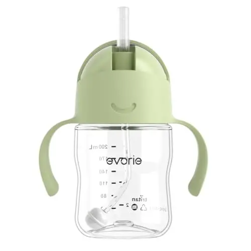 Evorie Tritan Weighted Straw Cup Baby Training Cup, Spill Proof, 7 Oz, 6M+ | BPA & BPS-Free, First learning cup, 360° drinking, Dishwasher safe, Durable Sippy Cup, Light Matcha 