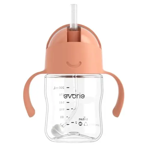 Evorie Tritan Weighted Straw Cup Baby Training Cup, Spill Proof, 7 Oz, 6M+ | BPA & BPS-Free, First learning cup, 360° drinking, Dishwasher safe, Durable Sippy Cup, Coral Pink 