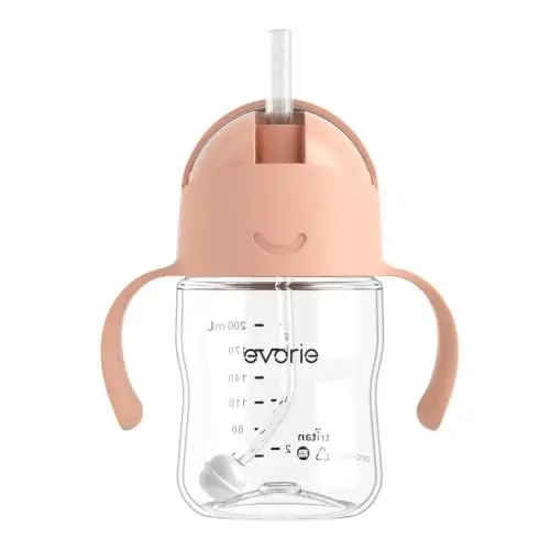 Evorie Tritan Weighted Straw Cup Baby Training Cup, Spill Proof, 7 Oz, 6M+ | BPA & BPS-Free, First learning cup, 360° drinking, Dishwasher safe, Durable Sippy Cup, Peach Pink 