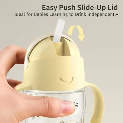 Evorie Tritan Ağırlıklı Pipetli Bardak Bebek Eğitim Bardağı, Akıtmaz, 7 Oz, 6M+ | BPA ve BPS İçermez, İlk öğrenme bardağı, 360° içim, Bulaşık makinesinde yıkanabilir, Dayanıklı Alıştırma Bardağı, Köpekçik Sarısı - 6