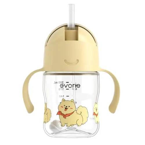 Evorie Tritan Weighted Straw Cup Baby Training Cup, Spill Proof, 7 Oz, 6M+ | BPA & BPS-Free, First learning cup, 360° drinking, Dishwasher safe, Durable Sippy Cup, Puppy Yellow 