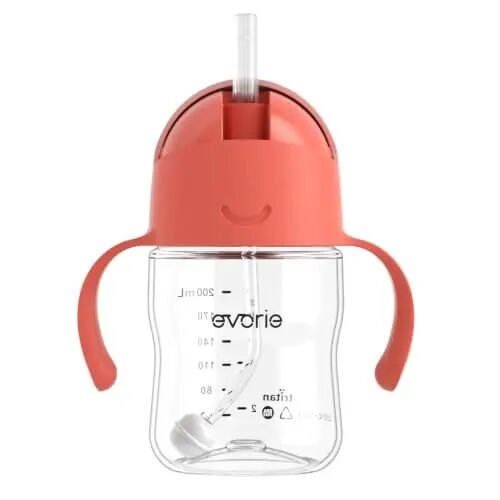 Evorie Tritan Ağırlıklı Pipetli Bardak Bebek Eğitim Bardağı, Akıtmaz, 7 Oz, 6M+ | BPA ve BPS İçermez, İlk öğrenme bardağı, 360° içim, Bulaşık makinesinde yıkanabilir, Dayanıklı Alıştırma Bardağı, Mercan Kırmızı - 1