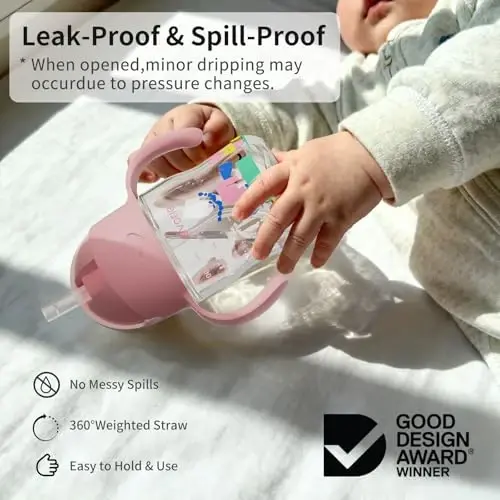 Evorie Tritan Weighted Straw Sippy Cup with Handles for Baby and Toddlers, Spill Proof Baby Water Bottle with Straw for 6 months and up, 7 Oz, Infant Training Water Bottle (Pink Fairy tale) - EVORIE (1)