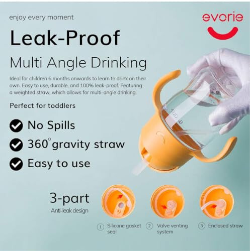 Evorie Tritan Baby Sippy Cup Weighted Gravity Straw Toddler Beginner Training Bottle, 7 Oz Leakproof Award Winning Infant Water Bottle with Handles for 6 months above - 14