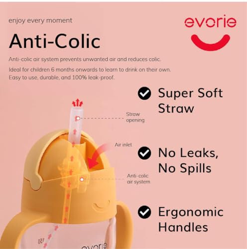 Evorie Tritan Baby Sippy Cup Weighted Gravity Straw Toddler Beginner Training Bottle, 7 Oz Leakproof Award Winning Infant Water Bottle with Handles for 6 months above - 15