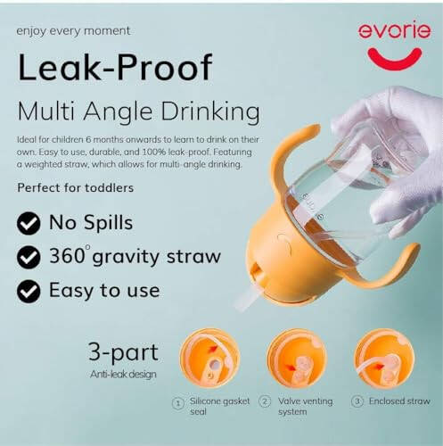 Evorie Tritan Baby Sippy Cup Weighted Gravity Straw Toddler Beginner Training Bottle, 7 Oz Leakproof Award Winning Infant Water Bottle with Handles for 6 months above - 9