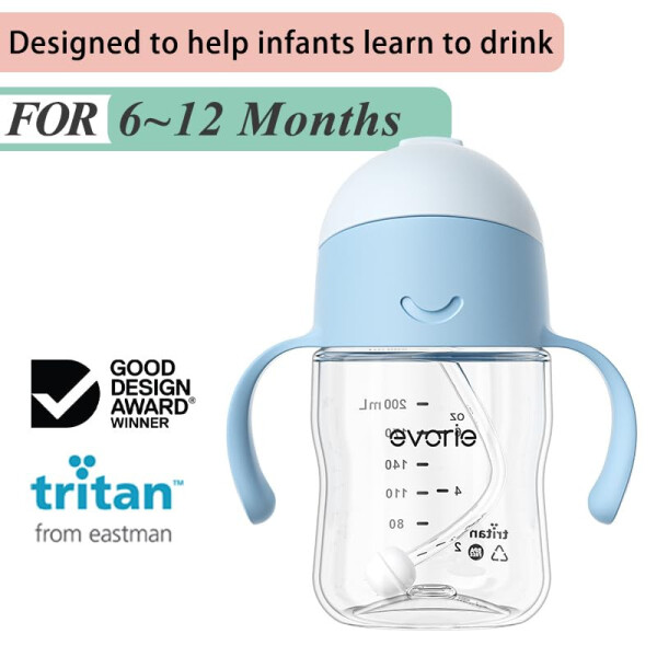 Evorie Tritan Baby Sippy Cup Weighted Gravity Straw Toddler Beginner Training Bottle, 7 Oz Leakproof Award Winning Infant Water Bottle with Handles for 6 months above - 2