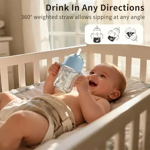 Evorie Tritan Baby Sippy Cup Weighted Gravity Straw Toddler Beginner Training Bottle, 7 Oz Leakproof Award Winning Infant Water Bottle with Handles for 6 months above - 2