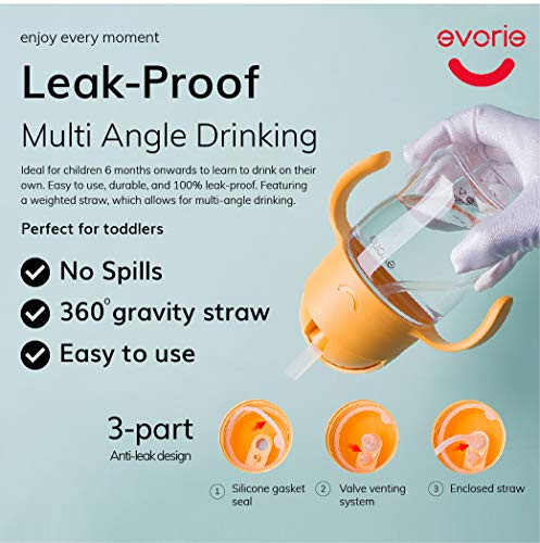 Evorie Tritan Baby Sippy Cup Weighted Gravity Straw Toddler Beginner Training Bottle, 7 Oz Leakproof Award Winning Infant Water Bottle with Handles for 6 months above - 23