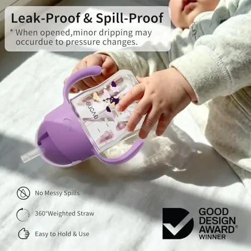 Evorie Tritan bolali idish tutqichli chaqaloqlar va go'daklar uchun og'irlikdagi somonli stakan, 6 oylik va undan katta bolalar uchun to'kilmaydigan bolalar uchun suv idishi, 7 oz, go'daklar uchun o'quv suv idishi (Daydream) - EVORIE (1)