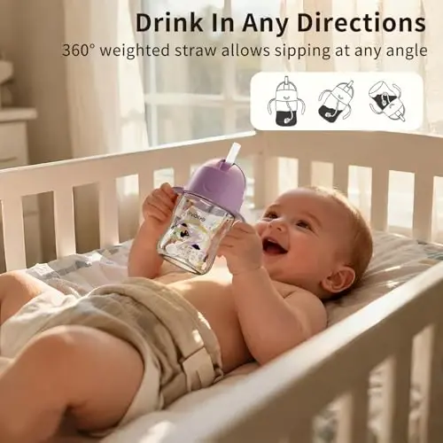 Evorie Tritan bolali idish tutqichli chaqaloqlar va go'daklar uchun og'irlikdagi somonli stakan, 6 oylik va undan katta bolalar uchun to'kilmaydigan bolalar uchun suv idishi, 7 oz, go'daklar uchun o'quv suv idishi (Daydream) - 3