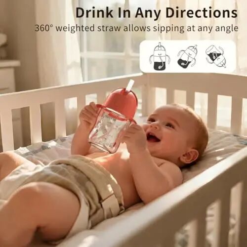 Evorie Tritan Weighted Straw Cup Baby Training Cup, Spill Proof, 7 Oz, 6M+ | BPA & BPS-Free, First learning cup, 360° drinking, Dishwasher safe, Durable Sippy Cup, Coral Red - 3