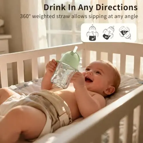 Evorie Tritan Weighted Straw Cup Baby Training Cup, Spill Proof, 7 Oz, 6M+ | BPA & BPS-Free, First learning cup, 360° drinking, Dishwasher safe, Durable Sippy Cup, Light Matcha - 3