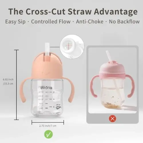 Evorie Tritan Weighted Straw Cup Baby Training Cup, Spill Proof, 7 Oz, 6M+ | BPA & BPS-Free, First learning cup, 360° drinking, Dishwasher safe, Durable Sippy Cup, Peach Pink - 6