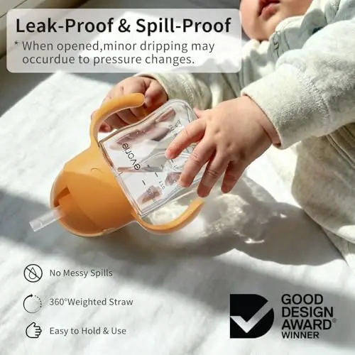 Evorie Tritan Weighted Straw Sippy Cup Baby va Toddlerlar uchun tutqichli, 6 oylik va undan katta bolalar uchun to'kilmaydigan bolalar uchun suv idishi, 7 Oz, Chaqaloqlar uchun mashq suv idishi (O'rik) - EVORIE (1)