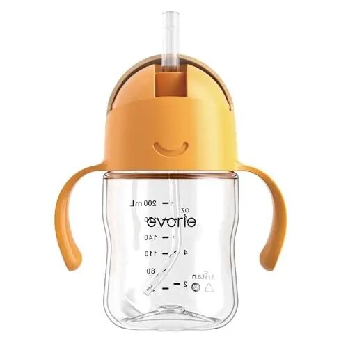 Evorie Tritan Weighted Straw Sippy Cup Baby va Toddlerlar uchun tutqichli, 6 oylik va undan katta bolalar uchun to'kilmaydigan bolalar uchun suv idishi, 7 Oz, Chaqaloqlar uchun mashq suv idishi (O'rik) - 1